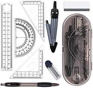 Math Geometry Kit Set 8 Pieces Student Supplies with Shatterproof Storage Box,Includes Rulers,Protractor,Compass,Pencil Lead Refills,Pencil,Eraser.for Students and Engineering Drawings