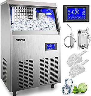 VEVOR 110V Commercial ice Maker 90-100LBS/24H with 33LBS Bin and Electric Water Drain Pump, Clear Cube, Stainless Steel Construction, Auto Operation, Include Water Filter 2 Scoops and Connection Hose