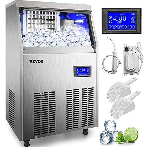 VEVOR 110V Commercial ice Maker 90-100LBS/24H with 33LBS Bin and Electric Water Drain Pump, Clear Cube, Stainless Steel Construction, Auto Operation, Include Water Filter 2 Scoops and Connection Hose