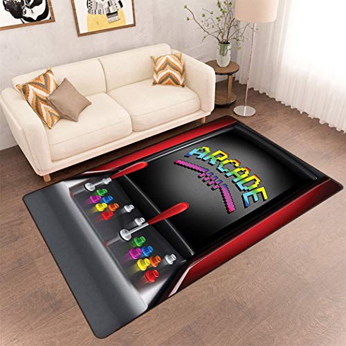 Arcade Games Area Rug, Arcade Machine Retro Game Fun Joystick Buttons Vintage 80s Electronics Play Mat for Kids Bedroom with No-Slip Back, 5'W x 6'L Multi