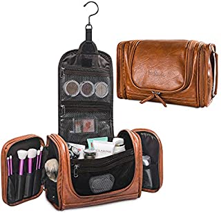 SOLIMIC Hanging Toiletry Bag for Men & Women PU Leather Dopp Kit Travel Shaving Bag Portable Toiletries Accessories Organizer Large Capacity Cosmetic Bag with Sturdy Metal Hook (Brown)