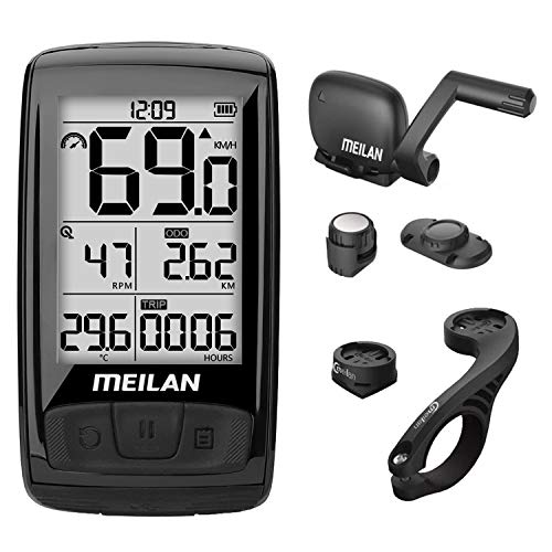 MEILAN M4 Wireless Bike Computer, IPX5 Waterproof Cycling Computer with 2.5 Inch Backlight LCD, ANT+ BLE4.0 Bicycle Computer Bicycle Speedometer and Odometer with Cadence/Speed Sensor