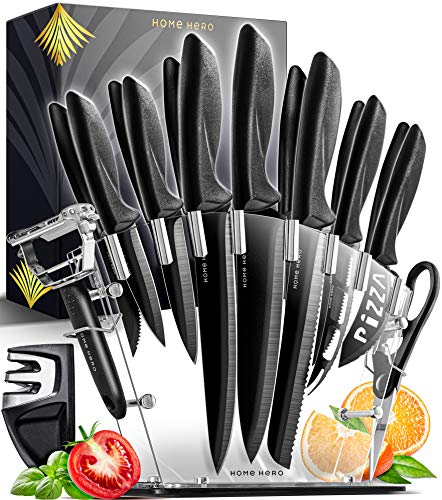 Home Hero 17 Pieces Kitchen Knives Set, 13 Stainless Steel Knives + Acrylic Stand, Scissors, Peeler and Knife Sharpener