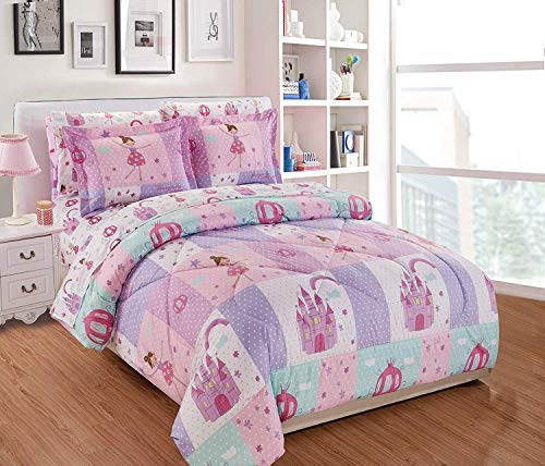 Elegant Homes Multicolor Pink Lavender Lilac Blue Princess Fairy Tales Palace Castle Design Comforter Bedding Set for Girls/Kids Bed in a Bag with Sheet Set # Fairytales (Full Size)