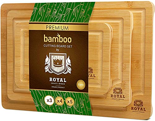 Bamboo Cutting Board Set with Juice Groove (3 Pieces) - Kitchen Chopping Board for Meat (Cutting Board) Cheese and Vegetables