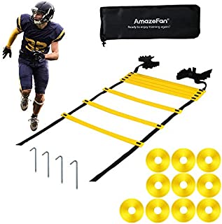 21ft Adjustable Agility Ladder & Speed Footwork Cones Training Set - Workout Equipment for Football, Basketball, Baseball, Soccer & Lacrosse - Includs 13 Durable Rungs, 10 Disc Cones & 1Carry Bag