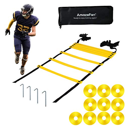 21ft Adjustable Agility Ladder & Speed Footwork Cones Training Set - Workout Equipment for Football, Basketball, Baseball, Soccer & Lacrosse - Includs 13 Durable Rungs, 10 Disc Cones & 1Carry Bag