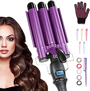 Jeteven 3 Barrel Curling Iron Wand, 25mm(1 inch) Ceramic Hair Waver Curler Iron Fast Portable Crimper Hair Iron Styling Tools +1×Tip-Tail Comb + 5×Hairpin + 5×Hair Ties + 1×Gloves (Purple)