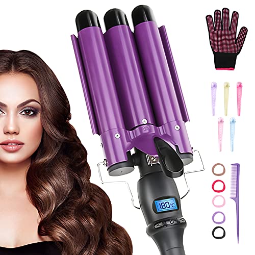 Jeteven 3 Barrel Curling Iron Wand, 25mm(1 inch) Ceramic Hair Waver Curler Iron Fast Portable Crimper Hair Iron Styling Tools +1×Tip-Tail Comb + 5×Hairpin + 5×Hair Ties + 1×Gloves (Purple)