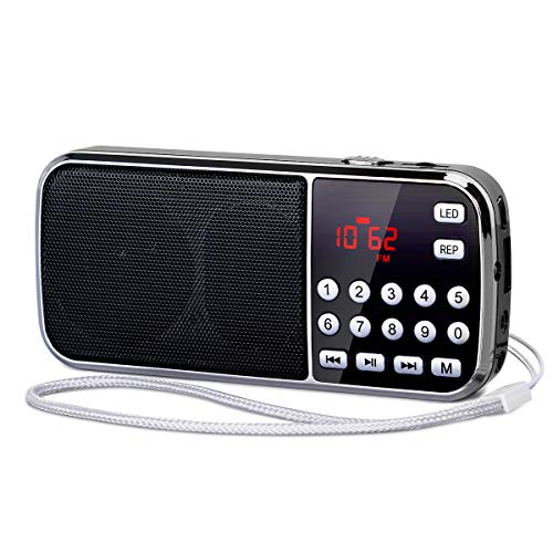 PRUNUS J-189 Portable Radio AM FM Small Bluetooth Radio - Dual Speaker Heavy Bass, LED Flashlight, Pocket Size, TF Card USB AUX MP3 Player, Rechargeable Battery Operated