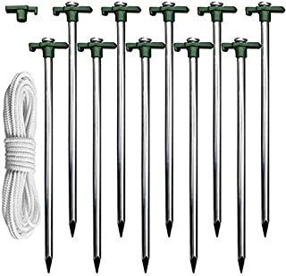 Eurmax Galvanized Non-Rust Camping Family Tent Pop Up Tent Stakes 10pc-Pack, with 4x10ft Ropes & 1 Green Stopper