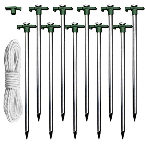 Eurmax Galvanized Non-Rust Camping Family Tent Pop Up Tent Stakes 10pc-Pack, with 4x10ft Ropes & 1 Green Stopper