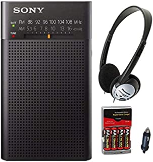 Sony ICFP26 Portable AM/FM Radio (Black) with Headphones and Accessory Bundle (3 Items)