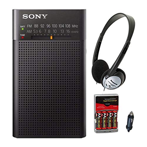 Sony ICFP26 Portable AM/FM Radio (Black) with Headphones and Accessory Bundle (3 Items)