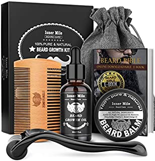 Beard Growth Kit, Beard Roller Kit, Natural Beard Growth Oil for Patchy Beard, Beard & Mustache Facial Hair Growth, Conditioner Balm, Handmade Comb, Storage Bag, Gifts for Men Him Dad Father Boyfriend