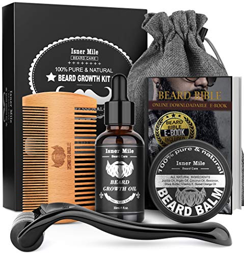 Beard Growth Kit, Beard Roller Kit, Natural Beard Growth Oil for Patchy Beard, Beard & Mustache Facial Hair Growth, Conditioner Balm, Handmade Comb, Storage Bag, Gifts for Men Him Dad Father Boyfriend