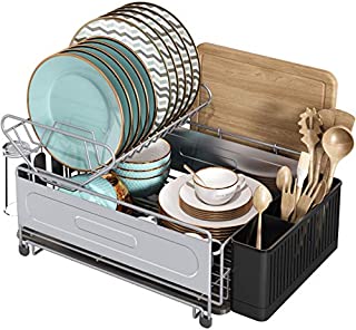Dish Drying Rack, 2 Tier Compact Dish Drainboard Set, Stainless Steel Dish Rack for Kitchen Countertop, Dish Drainer with Cup/Utensil/Cutting Board Holder, Space Saving Dish Dryer Rack(Silver)