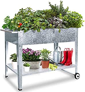 FOYUEE Raised Planter Box with Legs Outdoor Standing Elevated Garden Bed On Wheels for Vegetables Herb Patio Apartment, Galvanized