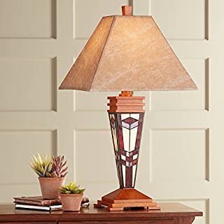 Mission Rustic Table Lamp with Nightlight Tiffany Style Glass Wood Base Faux Leather Fabric Shade Decor for Living Room Bedroom House Bedside Nightstand Home Office Family - Robert Louis Tiffany