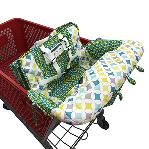 Shopping Cart Cover for Baby- 2-in-1 - Foldable Portable Seat with Bag for Infant to Toddler - Compatible with Grocery Cart Seat and High Chair - Green Stars