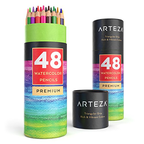 Arteza Watercolor Pencils Set of 48, Presharpened, Triangular-Shaped Colored Pencils for Adults and Teens, Art Supplies for Drawing, Sketching, and Painting