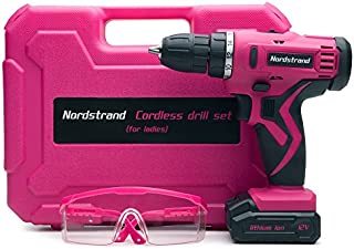 Nordstrand Pink Cordless Drill Set - Electric Screwdriver Power Driver Kit for Women - 12V Rechargeable Li-Ion Battery - Starter Tool Box for Ladies with Storage Case, Bits, Drills & Safety Glasses