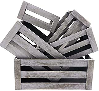 KMwares Set of 5 Vintage Rustic White Grey Wood Decorative Nesting Storage Crates with Open Handles - Multipurpose Wood Crafted Boxes/Bathroom Kitchen,Laundry Crates/Fruits & Vegetables Boxes