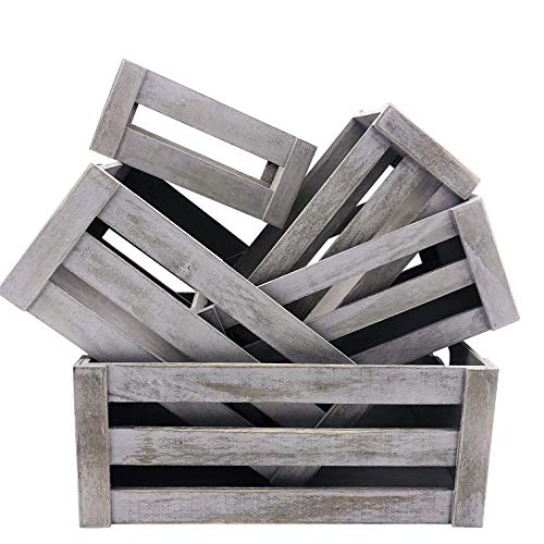 KMwares Set of 5 Vintage Rustic White Grey Wood Decorative Nesting Storage Crates with Open Handles - Multipurpose Wood Crafted Boxes/Bathroom Kitchen,Laundry Crates/Fruits & Vegetables Boxes