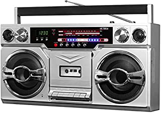 Victrola 1980s Retro Bluetooth Boombox with Cassette Player and AM/FM Radio, Wired and Wireless Streaming, Classic 80s Style with Modern Technology, Silver