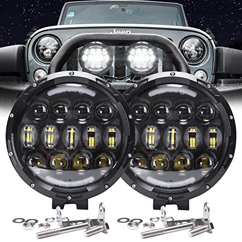 AUDEXEN LED Work Lights, 7 Inch 105W Round Spot LED Pods Light Bar High/Low Beam DRL with Adjustable Mounting Bracket Compatible with Jeep Off Road 4WD Truck SUV UTV ATV Driving Lamp, 2 PCS