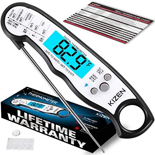 Kizen Instant Read Meat Thermometer - Best Waterproof Ultra Fast Thermometer with Backlight & Calibration. Kizen Digital Food Thermometer for Kitchen, Outdoor Cooking, BBQ, and Grill!