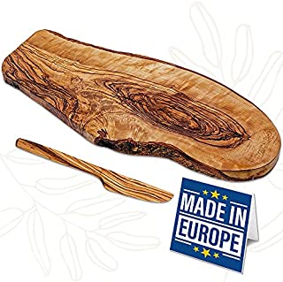 Crystalia Handmade Olive Wood Cutting Board and Knife for Kitchen, 1 Single Solid Wood Cheese Bread Serving Board, Unique Live Edge Cutting Chopping Board with Wooden Spreader for Butter, Jam