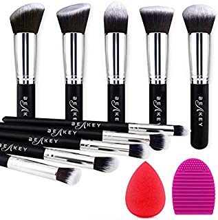 BEAKEY Makeup Brush Set, Premium Synthetic Kabuki Foundation Face Powder Blush Eyeshadow Brushes Makeup Brush Kit with Blender Sponge and Brush Cleaner (10+2pcs, Black/Silver)