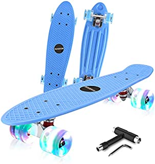 HUABEIGM Skateboards for Beginners, 22-inch Complete Skateboard with LED Luminous Wheels, Highly Flexible Mini Plastic Cruiser Skateboard (Blue)