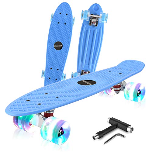 HUABEIGM Skateboards for Beginners, 22-inch Complete Skateboard with LED Luminous Wheels, Highly Flexible Mini Plastic Cruiser Skateboard (Blue)