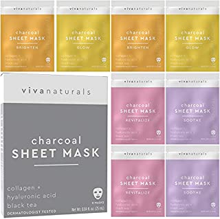 Face Masks Skincare - Facial Mask with Collagen & Hyaluronic Acid for Glowing Skin, Dermatologist Tested Charcoal Face Mask for Moisturizing & Brightening (8 Sheet Masks)