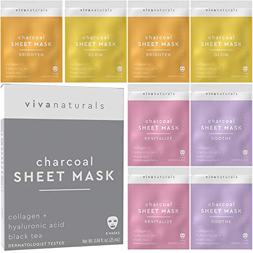 Face Masks Skincare - Facial Mask with Collagen & Hyaluronic Acid for Glowing Skin, Dermatologist Tested Charcoal Face Mask for Moisturizing & Brightening (8 Sheet Masks)