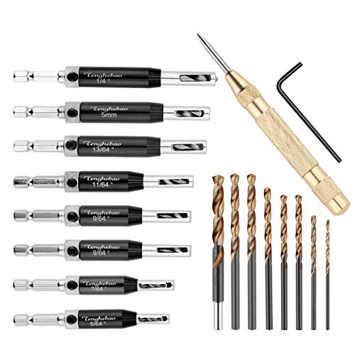 Tenghebao Self-Centering Hinge Tapper Core Drill Bit Set Center Drill Bit Set for Woodworking Adjustable Door Window, Spring Loaded Metal Drill Bits (17 PCS Set)