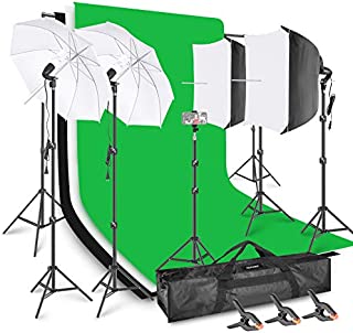 Neewer Photo Video Studio Light Kit Backdrop with Stand and Lighting Kit AM169: 6.4x6.5ft (HxW) Background Support System + 5x10ft Black/White/Green Backdrops, SoftBox and Umbrella Lighting Set