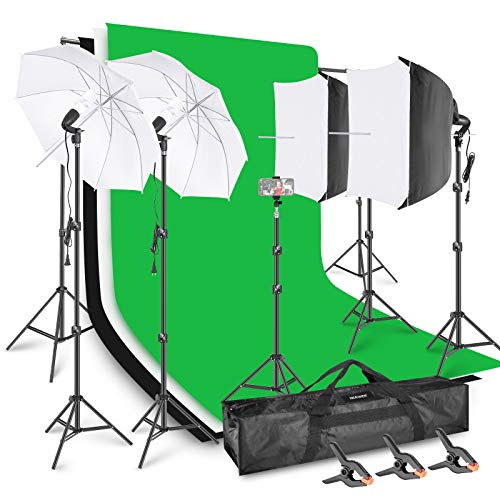 Neewer Photo Video Studio Light Kit Backdrop with Stand and Lighting Kit AM169: 6.4x6.5ft (HxW) Background Support System + 5x10ft Black/White/Green Backdrops, SoftBox and Umbrella Lighting Set