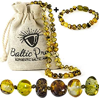 Baltic Amber Necklace and Bracelet Gift Set (Unisex Green Forest) - Certified Premium Quality Raw Baltic Amber