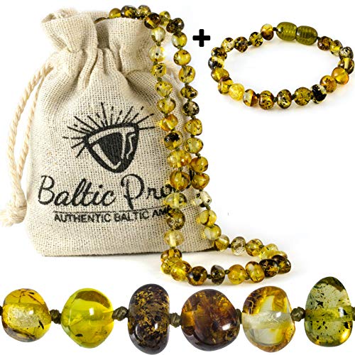 Baltic Amber Necklace and Bracelet Gift Set (Unisex Green Forest) - Certified Premium Quality Raw Baltic Amber