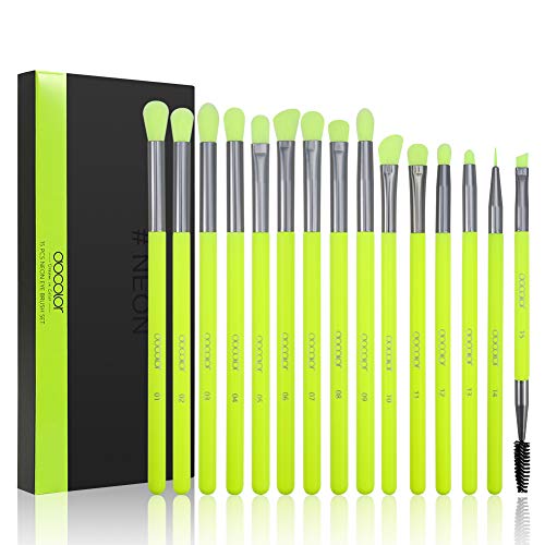 Docolor Eye Makeup Brush Set 15 Pcs Neon Green Eyeshadow Brushes Set Professional Makeup Brushes Eye Shadow Concealer Eyebrow Eyelash Eye Liners Blending Make Up Brushes with Wooden Handles