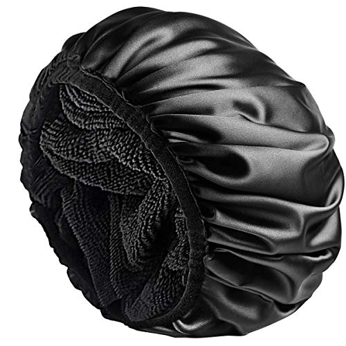 Aquior Shower Cap,Extra Large Triple Layer Bathing Cap with Dry Hair Function for Women Microfiber Terry Cloth Silky Satin 100% Waterproof Reusable Long Hair Bath Caps