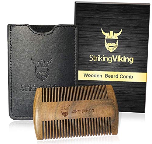 Striking Viking Sandalwood Beard Comb and Black Case - Pocket Sized & Anti-Static Wooden Beard and Mustache Comb with Fine & Coarse Teeth - Perfect for Use with Balms and Oils