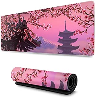 Japanese Sakura Flower Gaming Mouse Pad XL, Extended Large Mouse Mat Desk Pad, Stitched Edges Mousepad, Long Non-Slip Rubber Base Mice Pad, 31.5 X 11.8 Inch