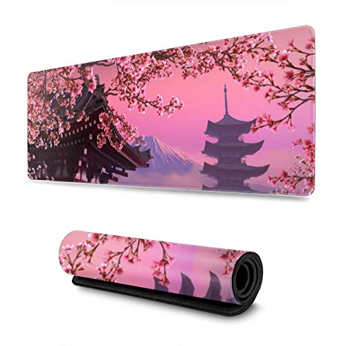 Japanese Sakura Flower Gaming Mouse Pad XL, Extended Large Mouse Mat Desk Pad, Stitched Edges Mousepad, Long Non-Slip Rubber Base Mice Pad, 31.5 X 11.8 Inch