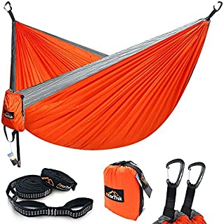 Camping Hammock, Anortrek Lightweight Portable Single & Double Hammock with Tree Straps [10 FT/18+1 Loops], Parachute Hammock for Camping, Hiking, Garden, Yard (Orange&Grey, Double 78''W x 118''L)