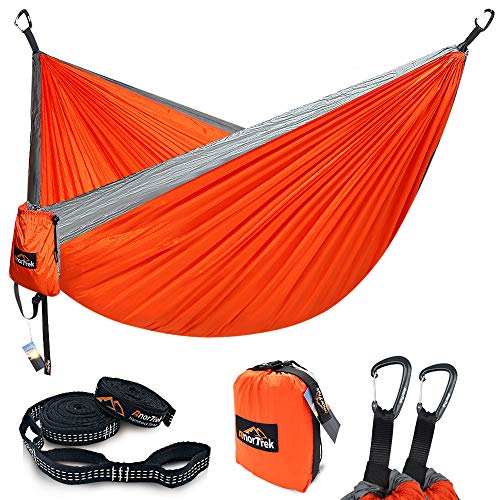 Camping Hammock, Anortrek Lightweight Portable Single & Double Hammock with Tree Straps [10 FT/18+1 Loops], Parachute Hammock for Camping, Hiking, Garden, Yard (Orange&Grey, Double 78''W x 118''L)