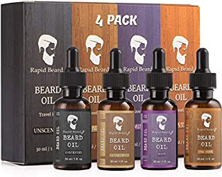 Beard Oil Conditioner Growth 4 Pack - Natural Variety Gift Set - Unscented, Sandalwood, Tea Tree & Mint Conditioning, Moisturizing, Softening Beards & Mustaches Maintenance for Men